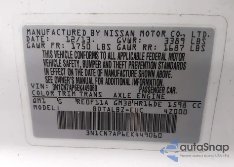 2014 Nissan Versa 1.6 Sv z USA, uszkodzony, nr VIN 3N1CN7AP6EK449060